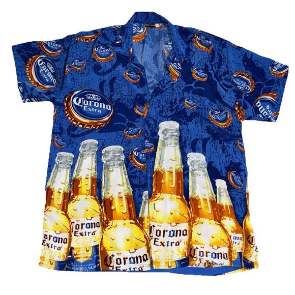 Corona Extra Shirt Mens L Blue Short Sleeve Button Up Beer Bottle and Caps - Picture 1 of 5